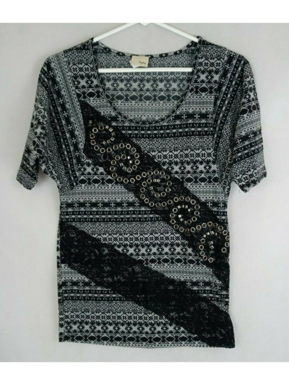 Daytrip Women's Black & White Studded Shirt With Lace Accents Size XS